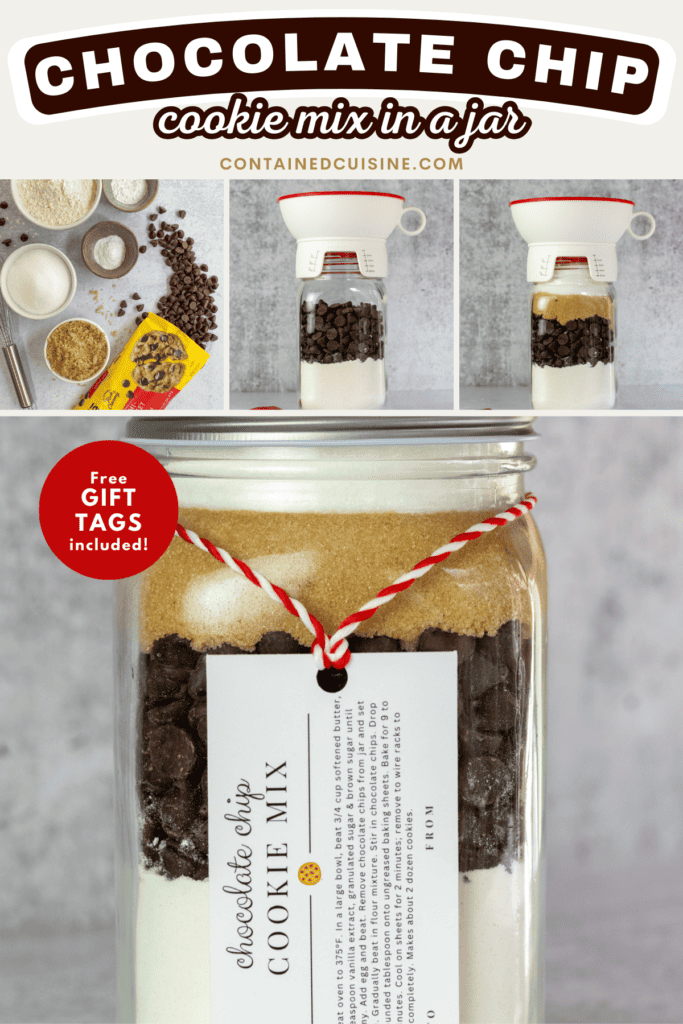 Easy steps to make chocolate chip cookie mix in a jar.