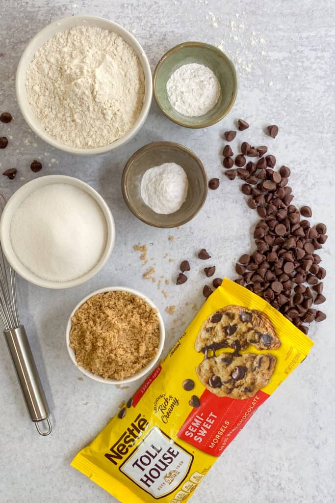 Six ingredients to make chocolate chip cookie mix, including Nestle Toll House chocolate morsels.