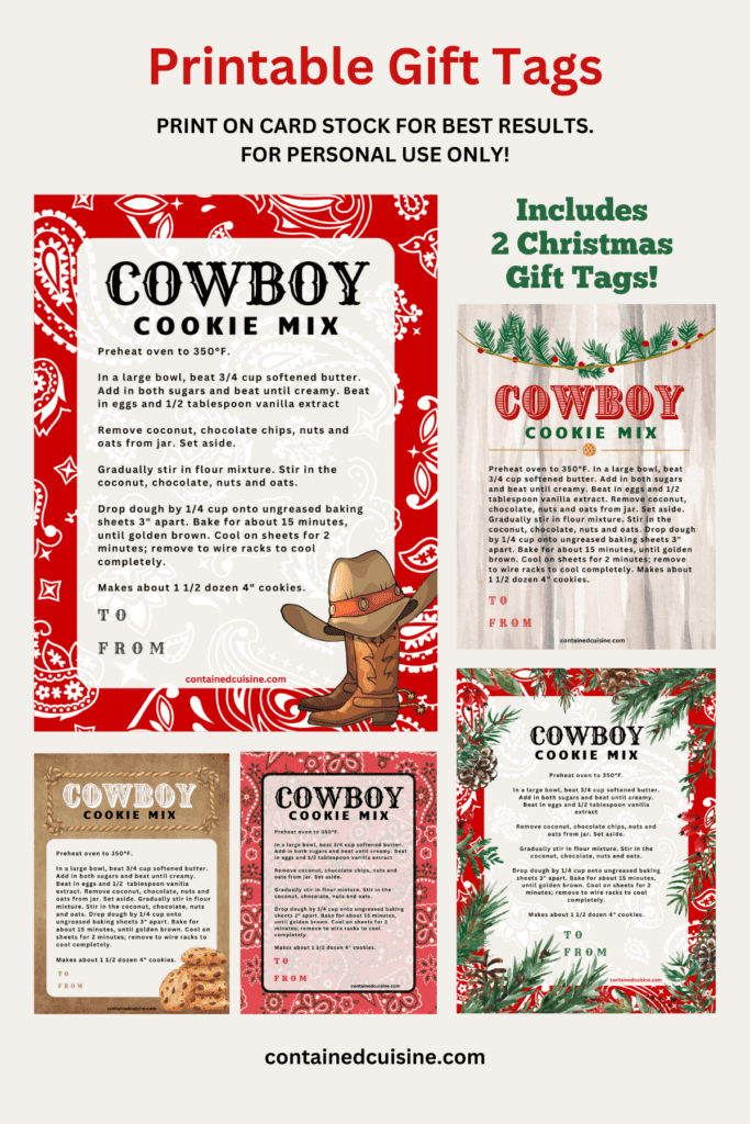 Picture showing all the free printable labels for cowboy cookies in a jar recipe.