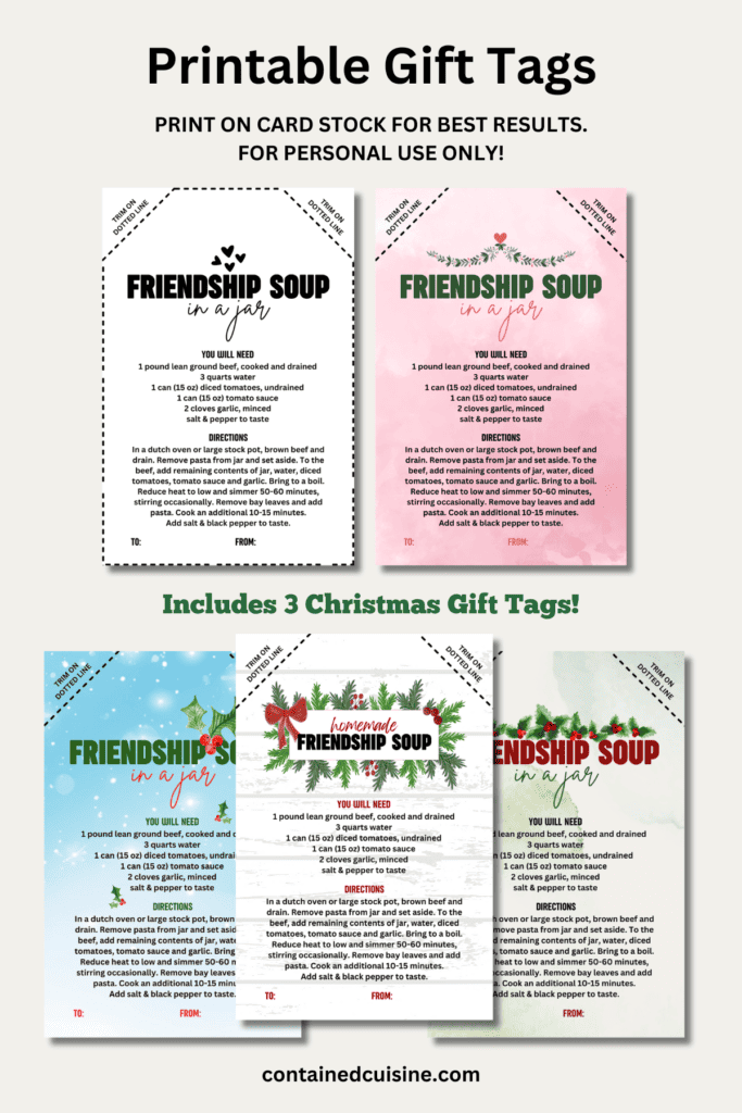 A picture showing five printable gift tags for friendship soup that you can download.