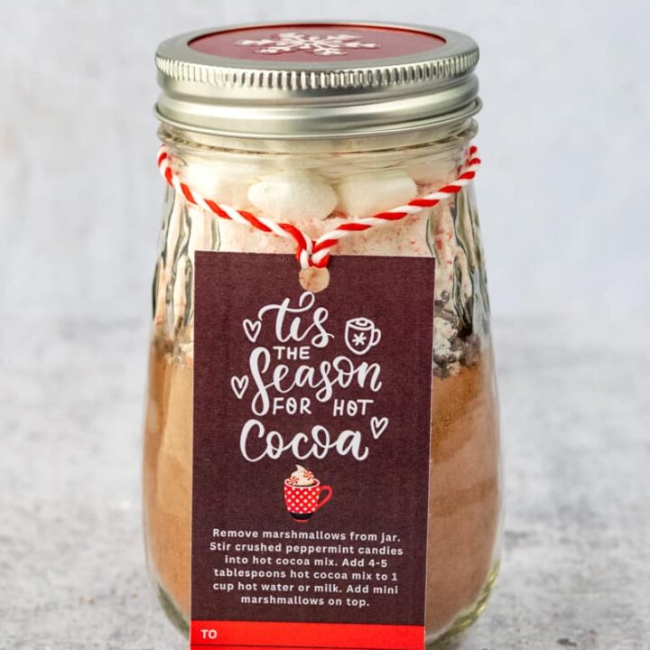 Homemade Hot Chocolate Mix in a jar with gift tag and peppermint candy.