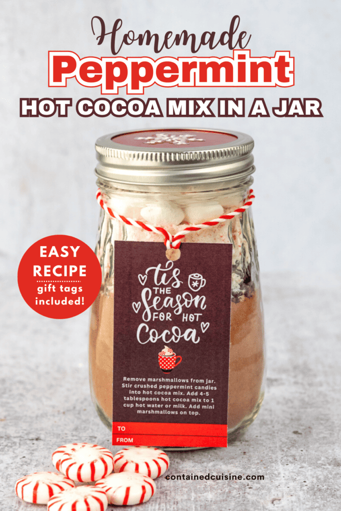 Pinterest pin for homemade peppermint hot cocoa mix in a jar recipe.