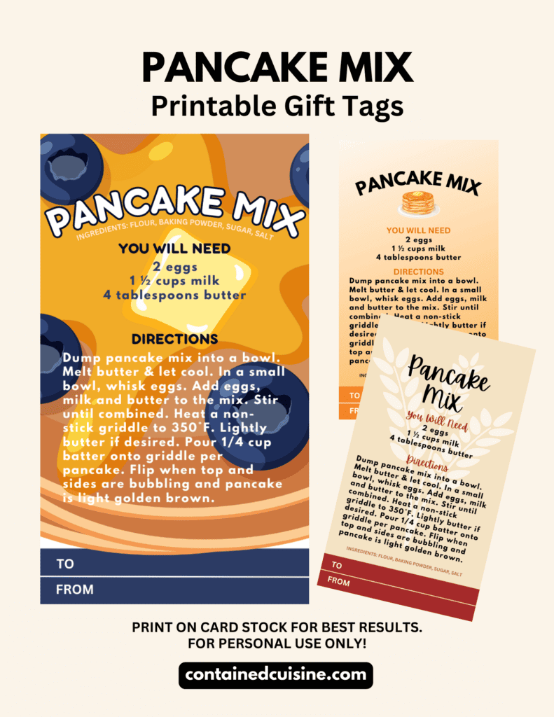 A graphic showing three designs of pancake mix gift tags that are available to print.