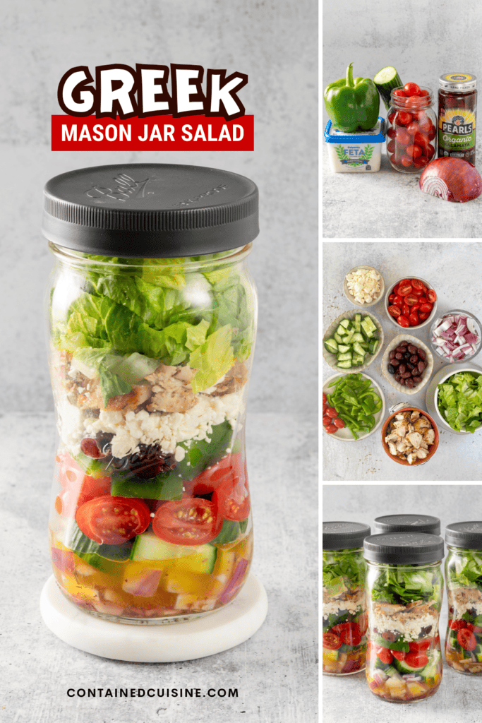 Pinterest pin for Greek Mason Jar Salad meal-prep recipe.