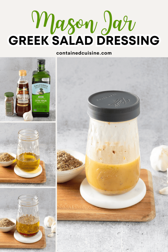 Homemade Greek vinaigrette in a small mason jar sitting in front of a garlic bulb and small bowl of oregano.