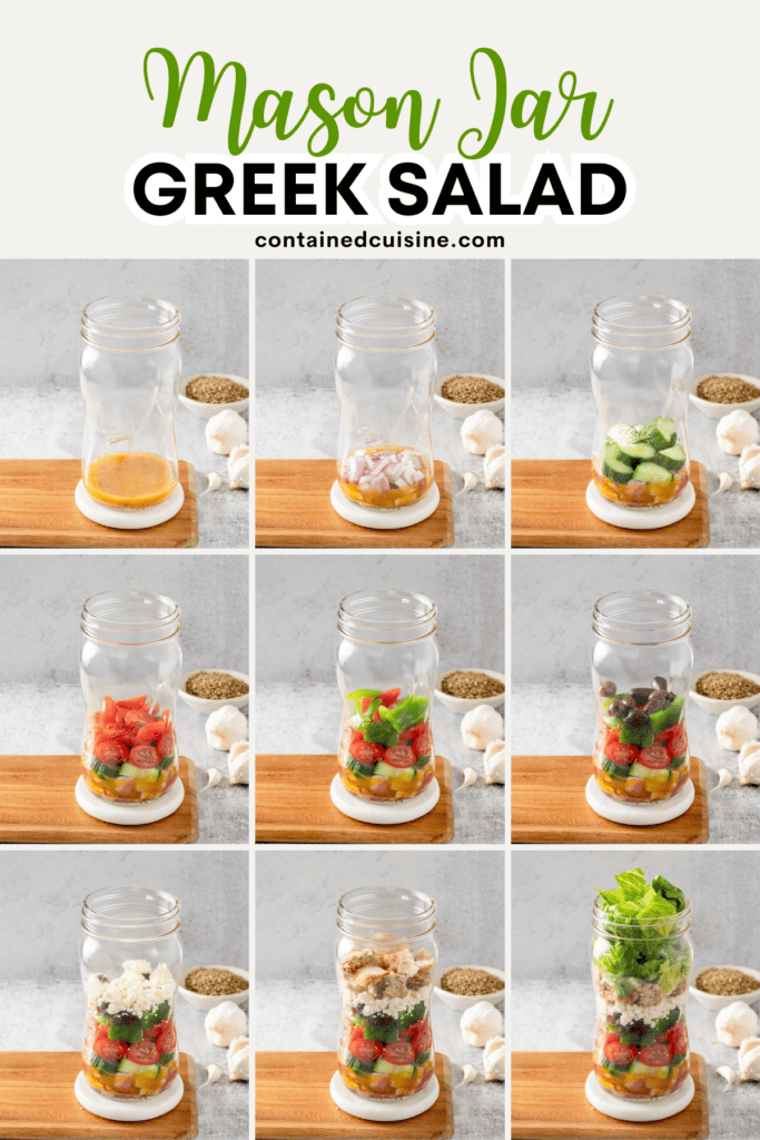 A grid of nine photos showing each of salad components being layered into a tall mason jar one-by-one.