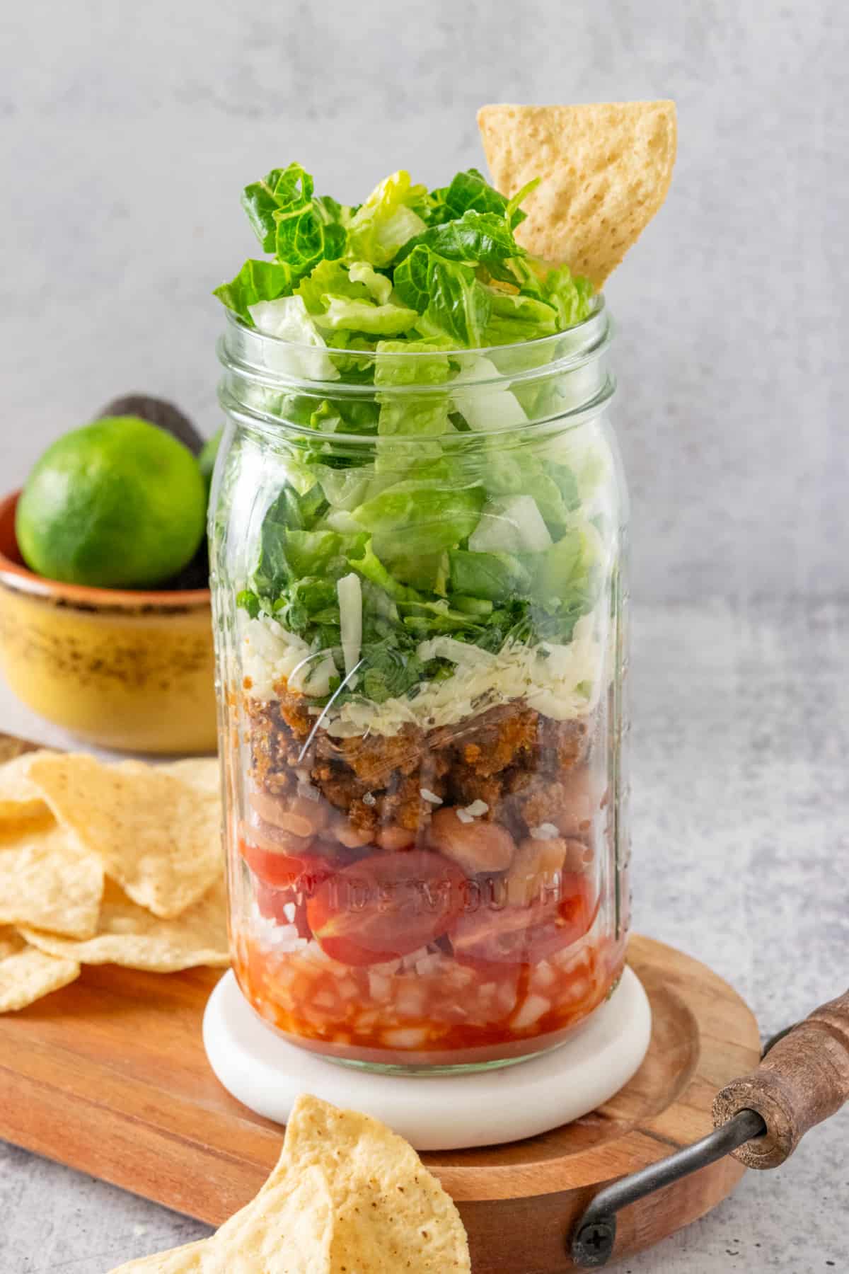 Taco salad layered in a mason jar.