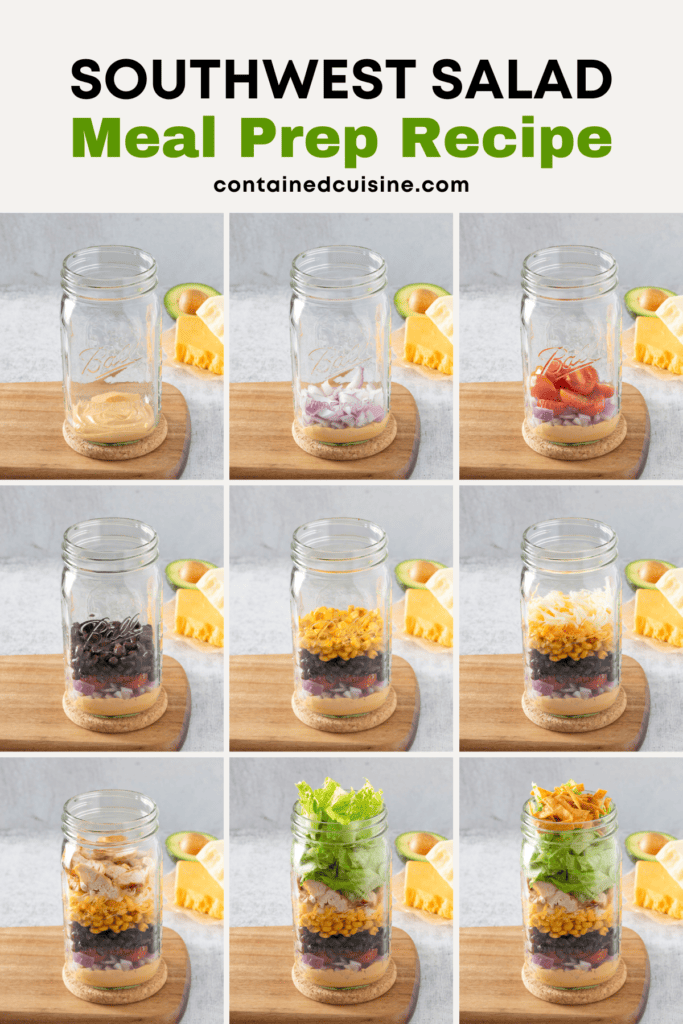 Collage of nine photos showing a mason jar as it's being filled with each ingredient in the southwest salad recipe.