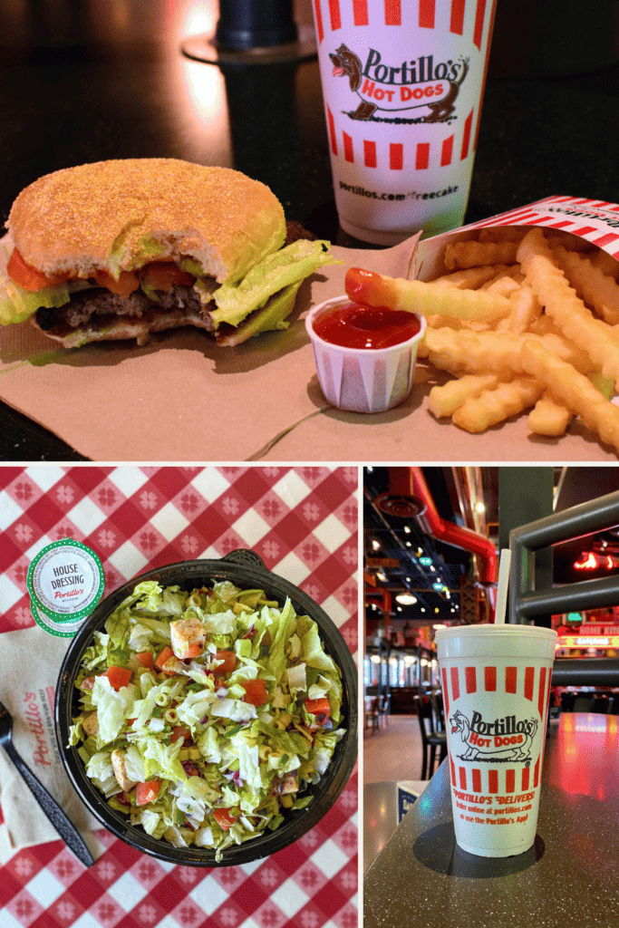 A three grid picture showing a Portillo's hamburger and fries, chopped salad, and Portillo's drink inside the restaurant.