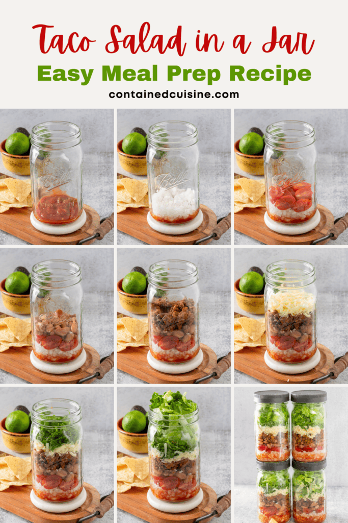 A grid of nine photos showing each taco salad ingredient being layered into a quart size mason jar one-by-one.