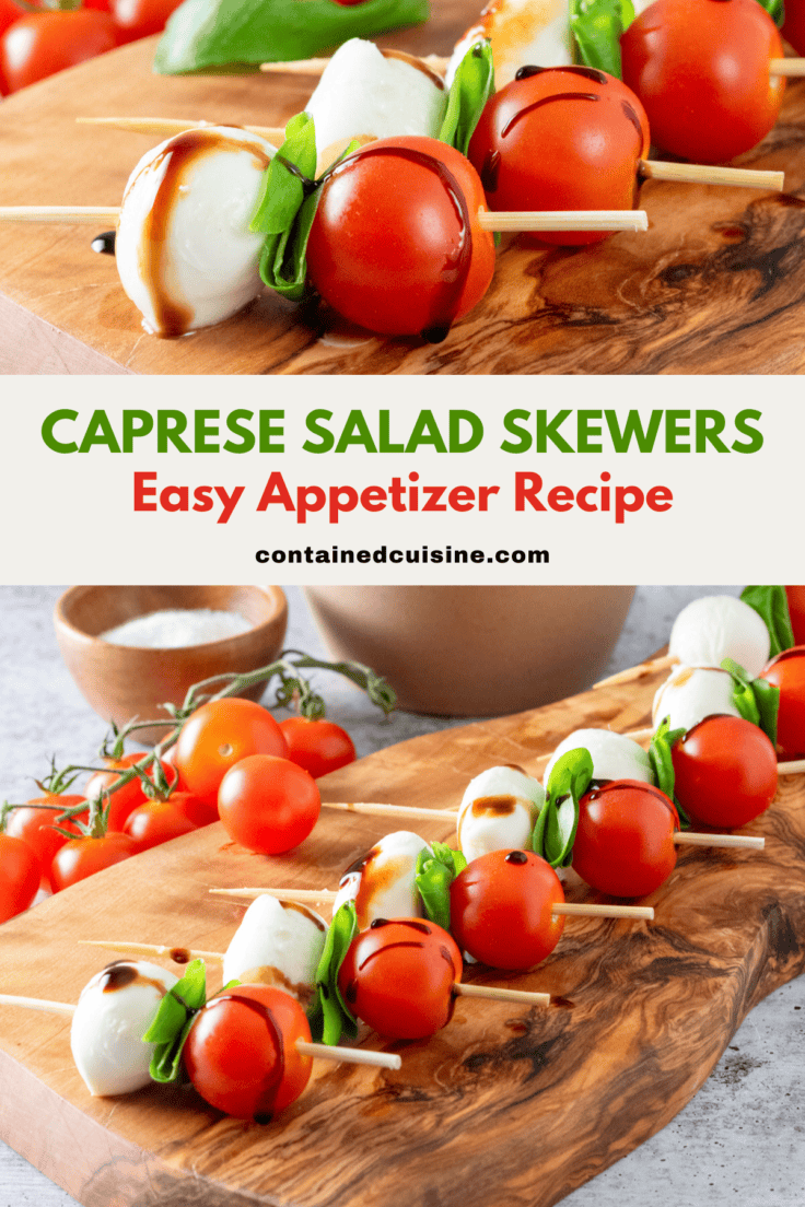 Pinterest pin for caprese salad skewers appetizer recipe.