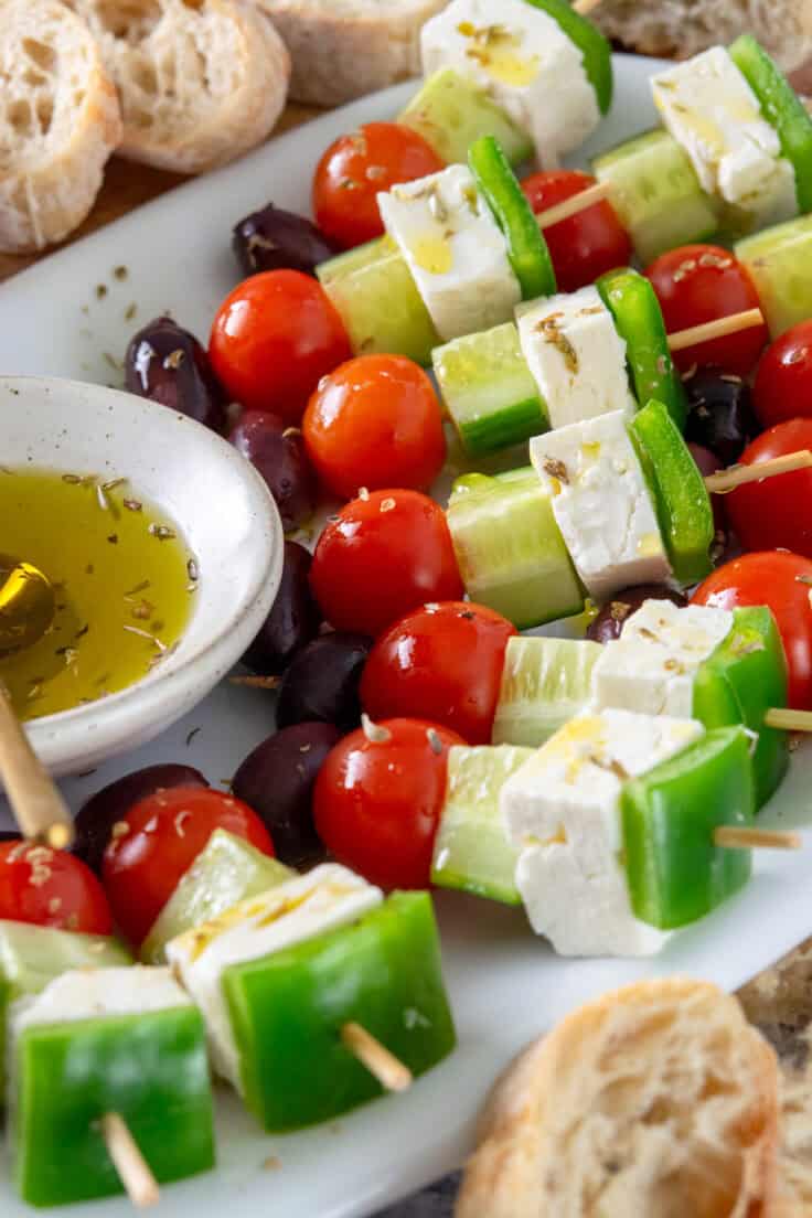 Party platter of Greek salad on sticks.