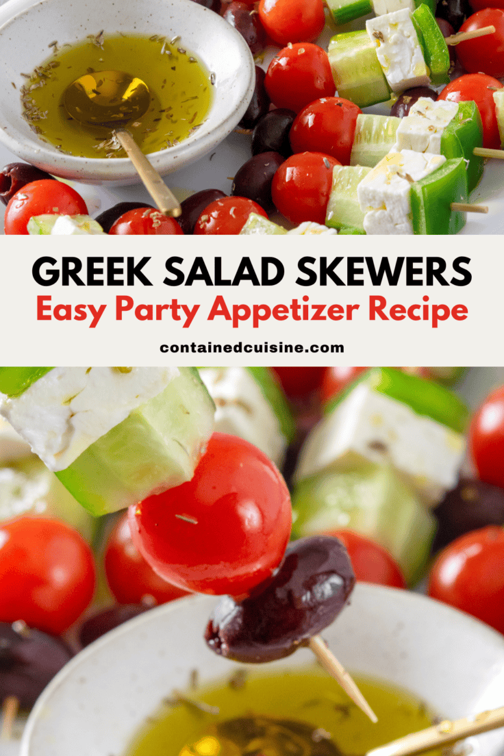 Pinterest pin for Greek salad skewers party appetizer recipe.