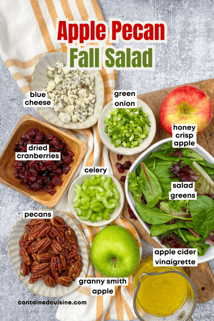 An overhead picture showing all the ingredients for this fall salad recipe, including apples, pecans, salad greens, blue cheese, green onions, celery and an apple cider maple vinaigrette.