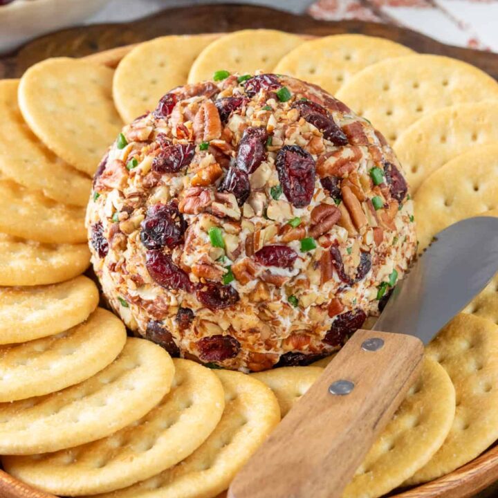 Homemade cranberry pecan cheese ball on a serving dish with round crackers in a circle around the cheese ball with a small cheese knife for spreading.