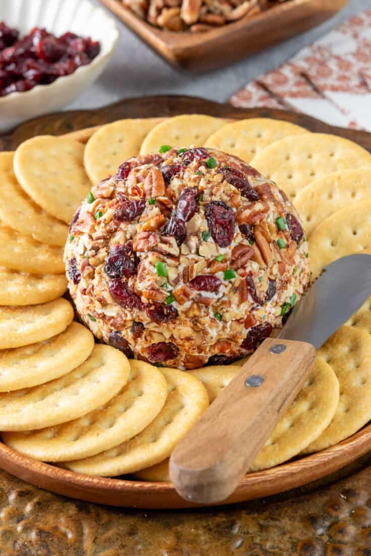 Homemade cranberry pecan cheese ball on a serving dish with round crackers in a circle around the cheese ball with a small cheese knife for spreading.