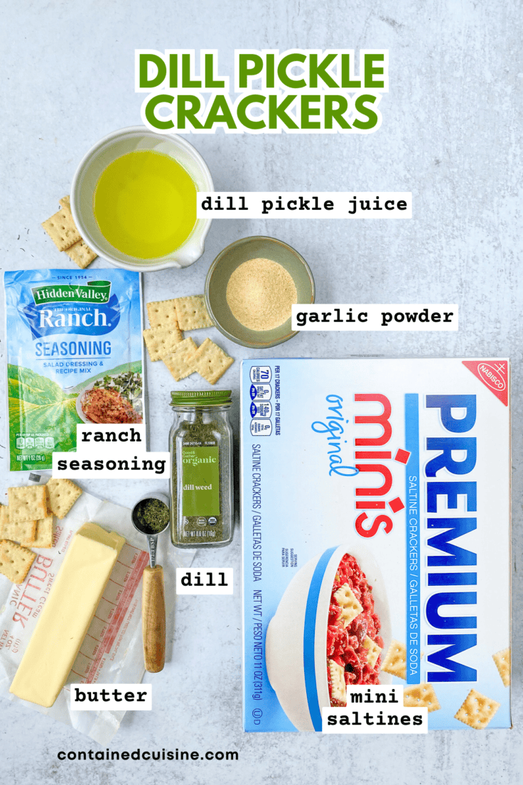 Overhead photo showing all the ingredients needed to make dill pickle crackers at home, including dill pickle juice, garlic powder, packet of ranch seasoning, jar of dill, box of mini saltines and butter.