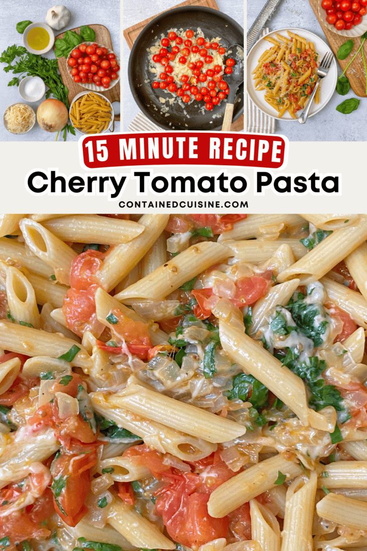 Pinterest pin for easy, 15-minute cherry tomato pasta recipe.