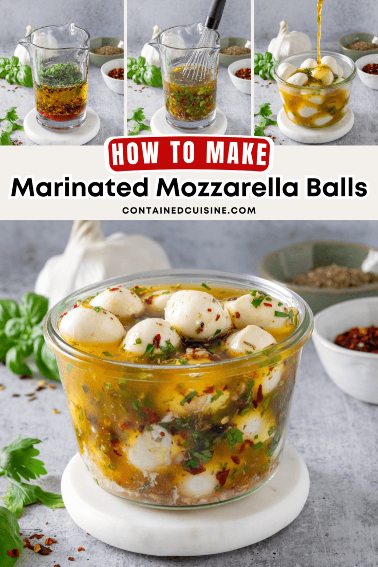 Pinterest pin for marinated mozzarella balls recipe.