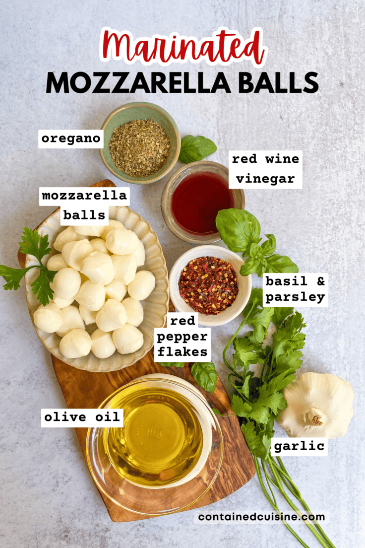Overhead picture showing all the ingredients needed to make the marinade for the mozzarella balls.