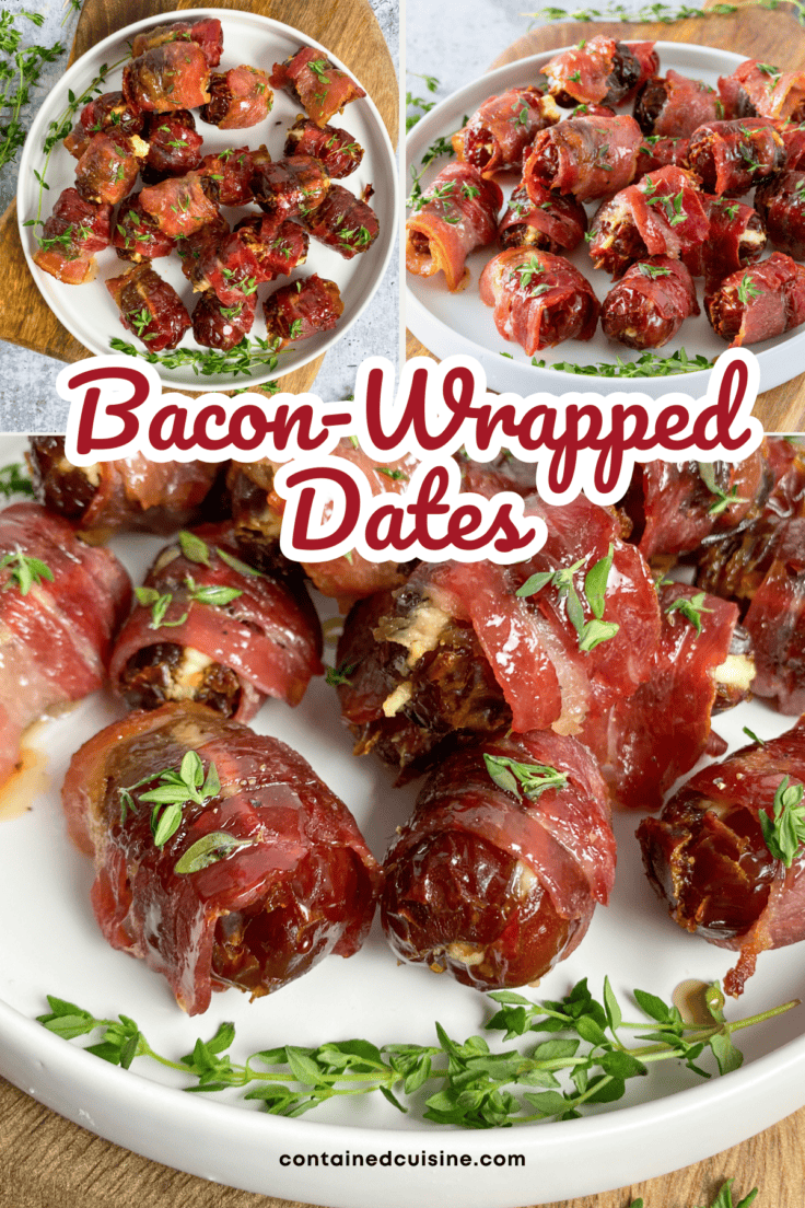 Pinterest pin for easy bacon-wrapped dates appetizer recipe.