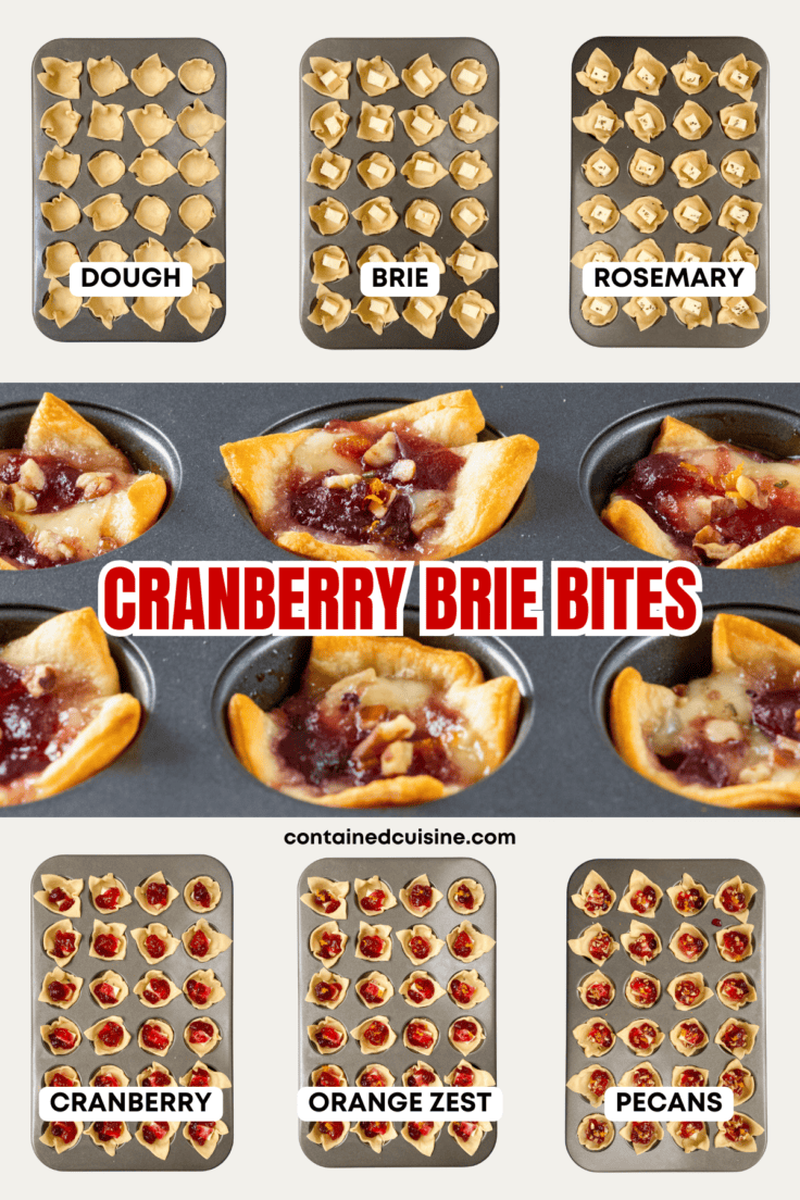 Series of step-by-step photos showing overhead view of mini muffin tin be layered with each brie bite ingredient, in this order: dough, brie, rosemary, cranberry sauce, orange zest and pecan chips.