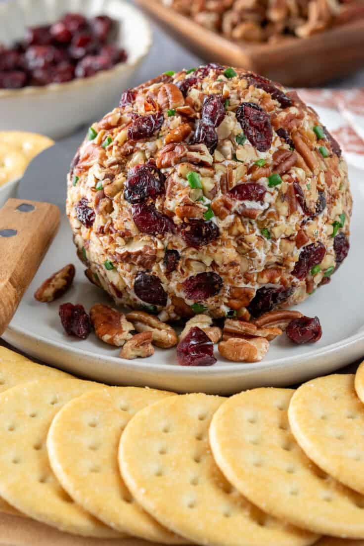 Close up view of a cranberry pecan cheese ball showing the mixture of cranberries, pecans and chives in the cheese ball coating The cheese ball is surrounded by crackers and a bowl of cranberries and dish with pecans.