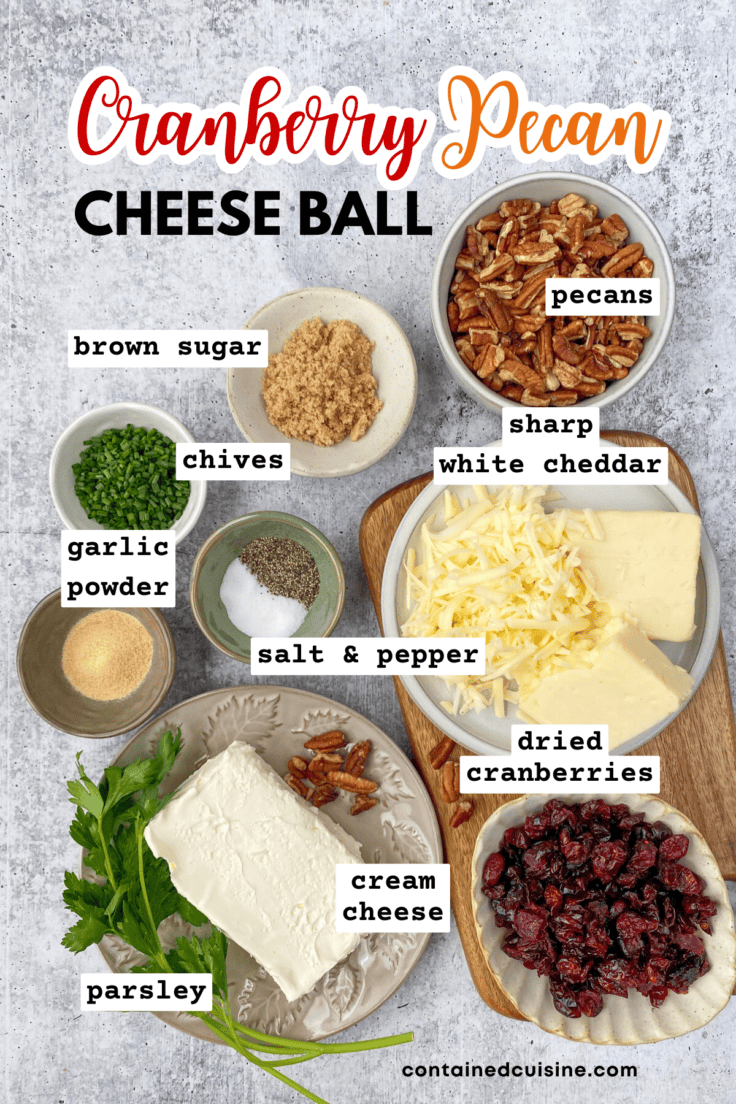 Overhead picture showing all the ingredients needed to make a homemade cranberry pecan cheese ball in small bowls and plates with labels naming each ingredient.