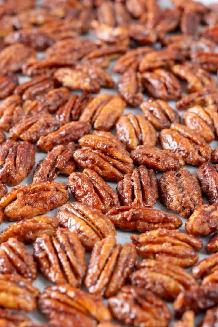 Close up view of maple candied pecans spread all over a tray in a single layer.