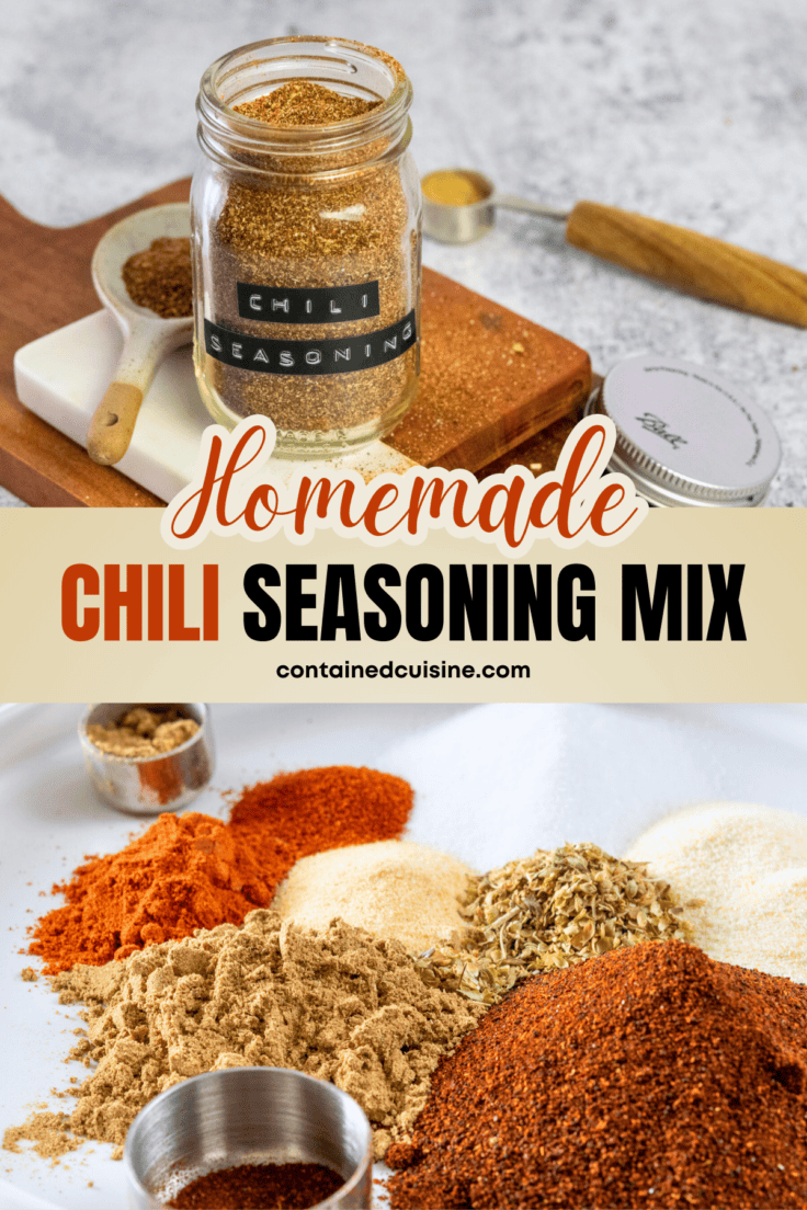 A Pinterest pin that has a photo with a jar of homemade chili seasoning and another photo with piles of each spice on a plate before being mixed together. The image has a text overlay that says, homemade chili seasoning mix.