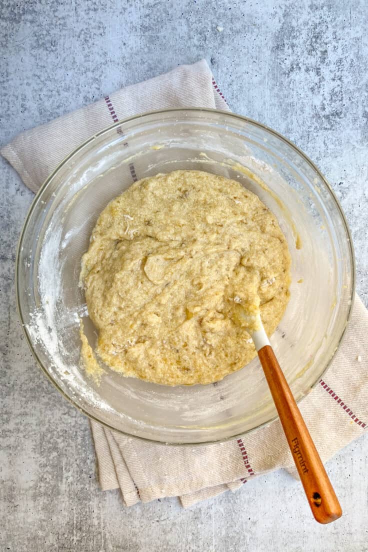 The dry flour mixture stirred into the wet ingredients just until combined.