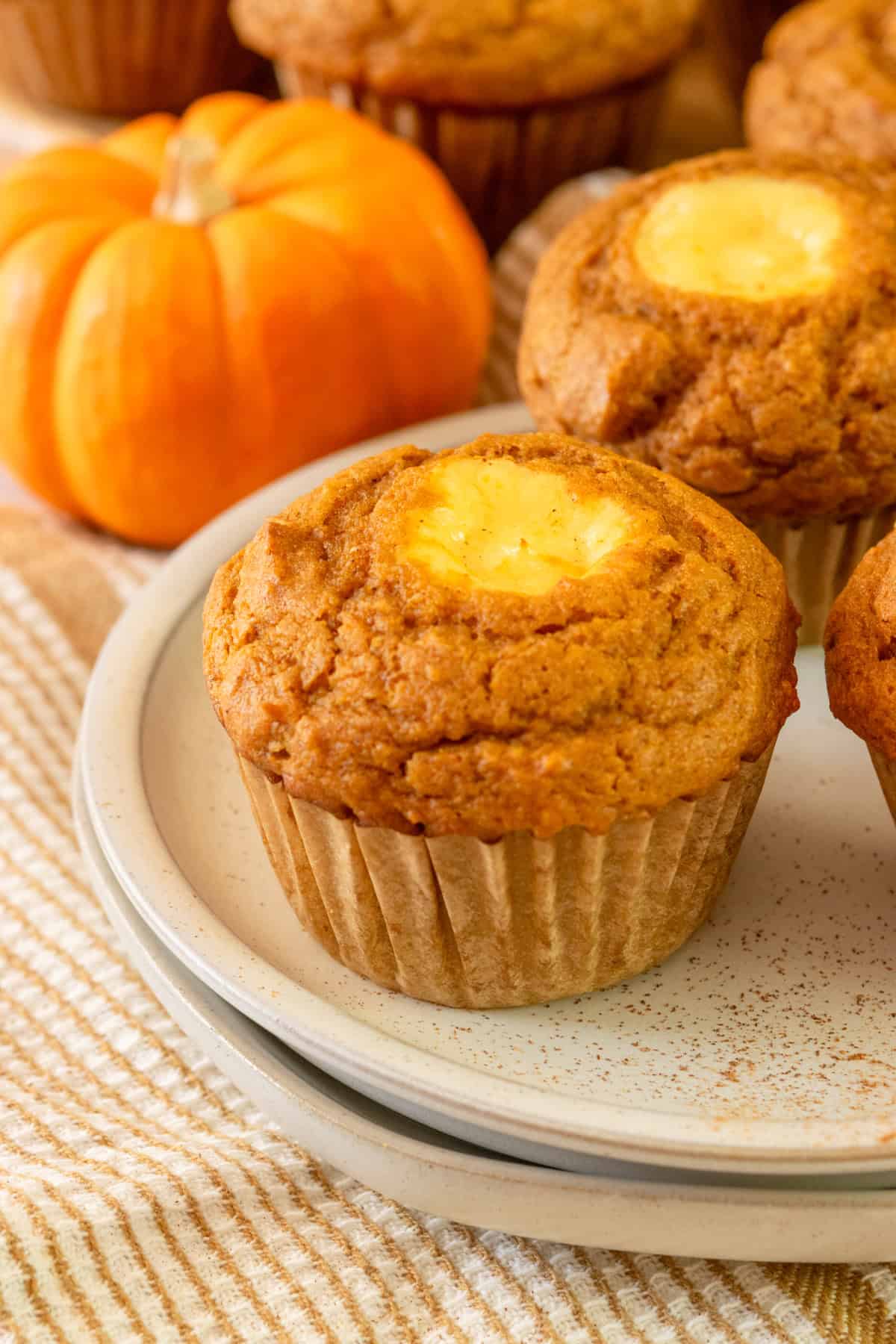 Homemade pumpkin cream cheese muffin on a plate in front of a mini pumpkin and more muffins.