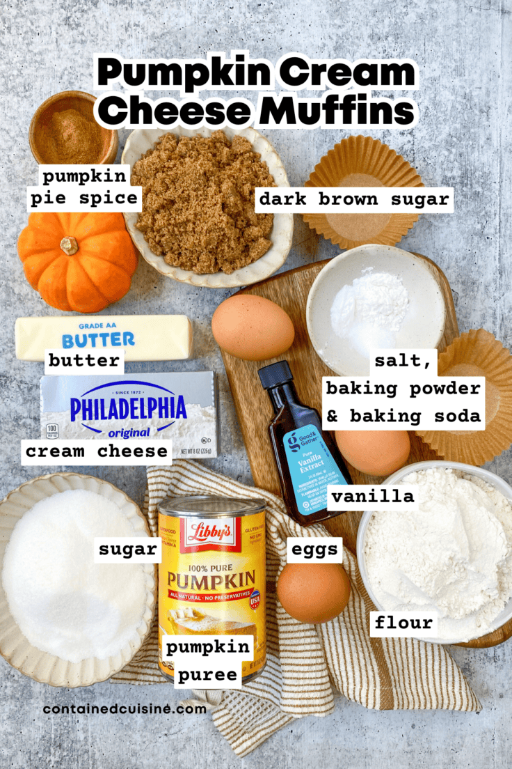 All the ingredients needed to make the Starbucks copycat pumpkin cream cheese muffins, including a can of pumpkin puree and block of cream cheese.