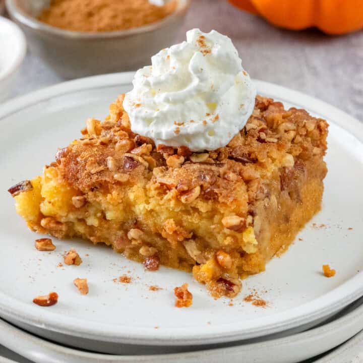 A piece of pumpkin dump cake topped with whipped cream and pumpkin spice on a plate that's next to a bowl of cinnamon and a pumpkin.