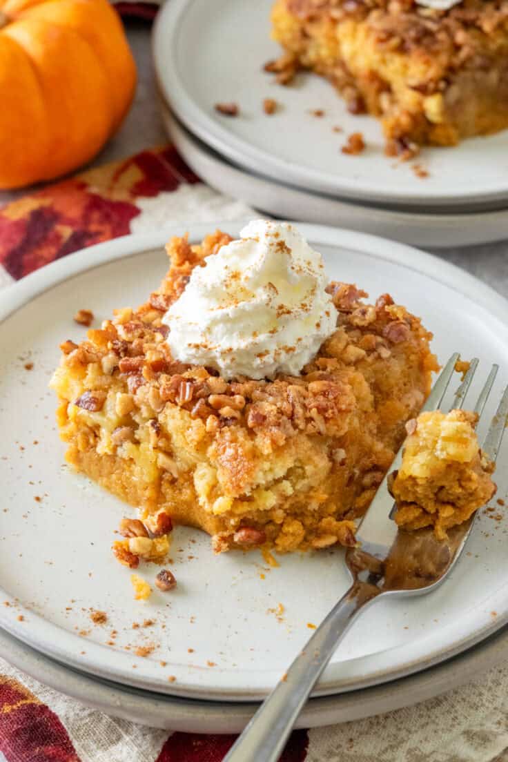 Two plates and forks each with a piece of whipped cream topped pumpkin pie dump cake. The dessert plates are next to fall-colored napkins and a real pumpkin.