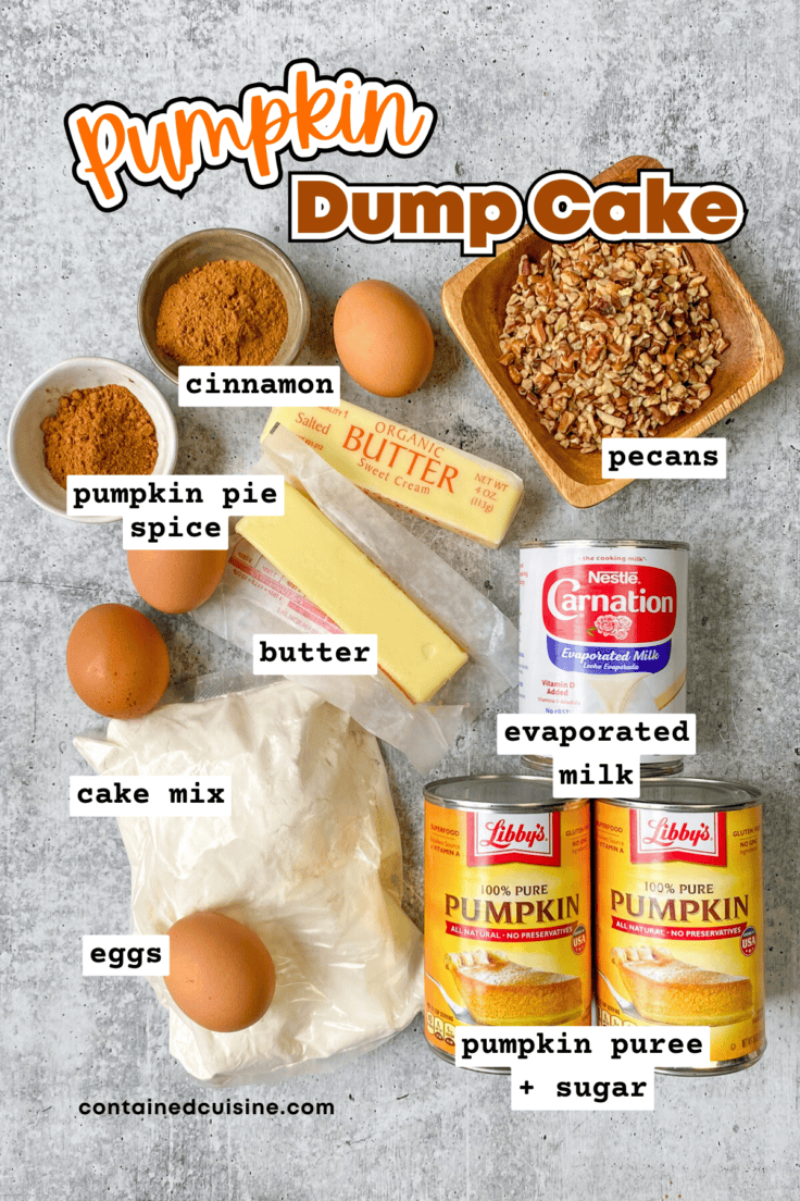 All the ingredients needed to make this quick pumpkin dump cake labeled with the name of each ingredient, including 2 cans of pumpkin puree, 1 can of evaporated milk, 2 sticks of butter, 4 eggs, a boxed caked mix, spices and chopped pecans.