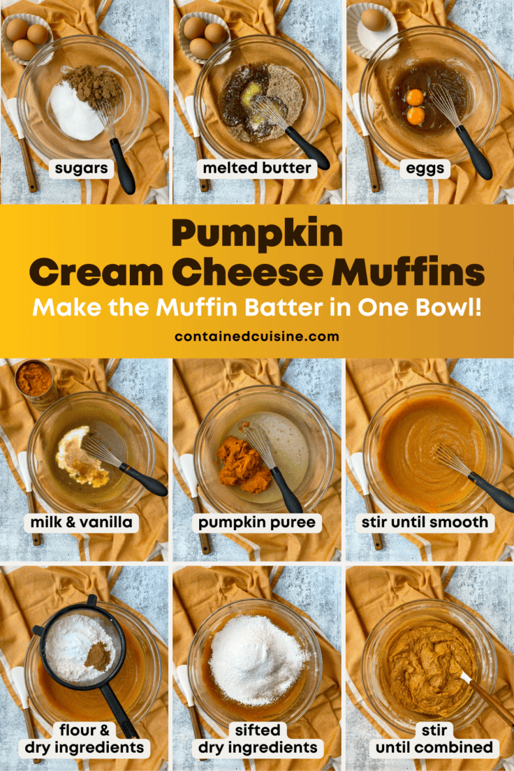 A nine-grid image showing overhead pictures of the pumpkin muffin batter being mixed together in a bowl, with a text overlay that says, pumpkin cream cheese muffins, make the batter in one bowl.