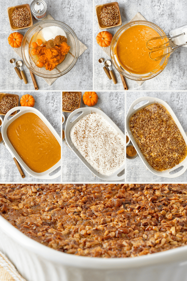 Six grid image showing overhead view of each step to make pumpkin dump cake, beginning with the pumpkin filling ingredients in a bowl and ending with the baked dessert with a crunchy, buttery pecan topping.