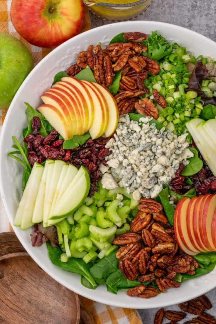 Fall salad in a large bowl with piles of each chopped salad component sitting on top of the salad greens.