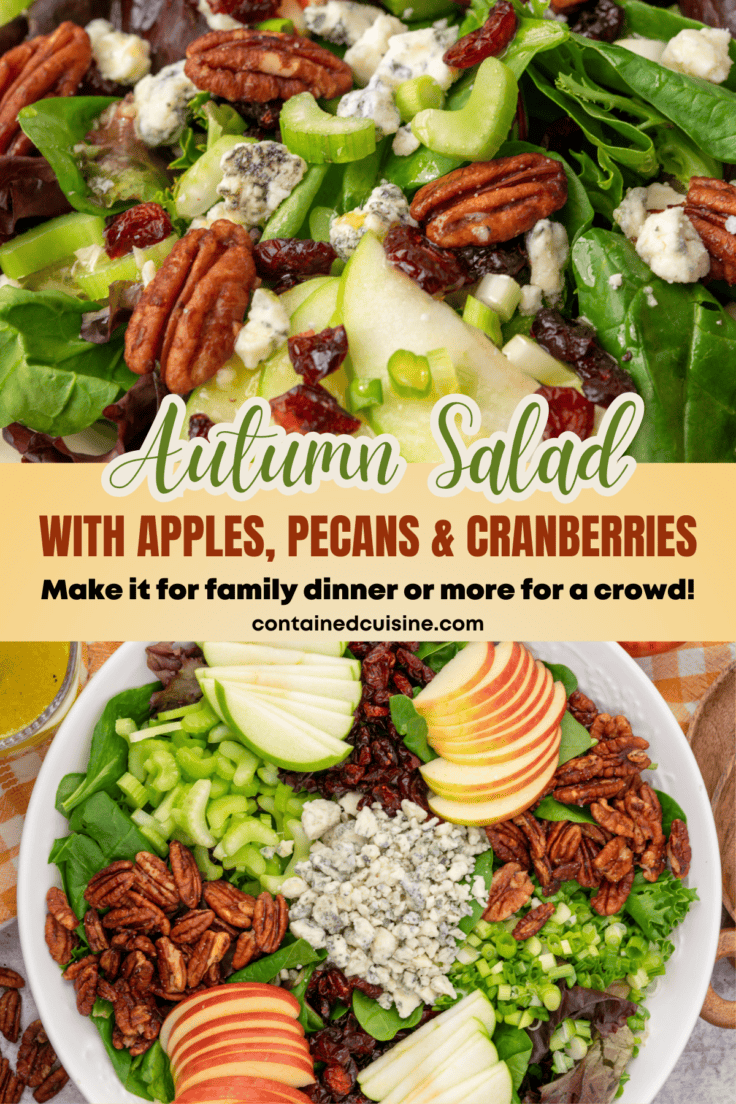 Pinterest pin with a close up photo of this fall salad showing the pecans, apples and cranberries, and another photo showing the salad in a large bowl. The image has a text overlay that says, autumn salad with apples, pecans and cranberries-make it for family dinner or more for a crowd.