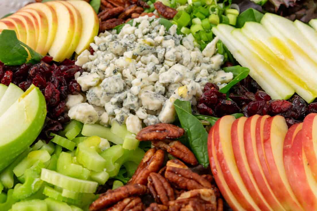 Close up view of apple slices, blue cheese, pecans, cranberries and celery on top of salad greens.