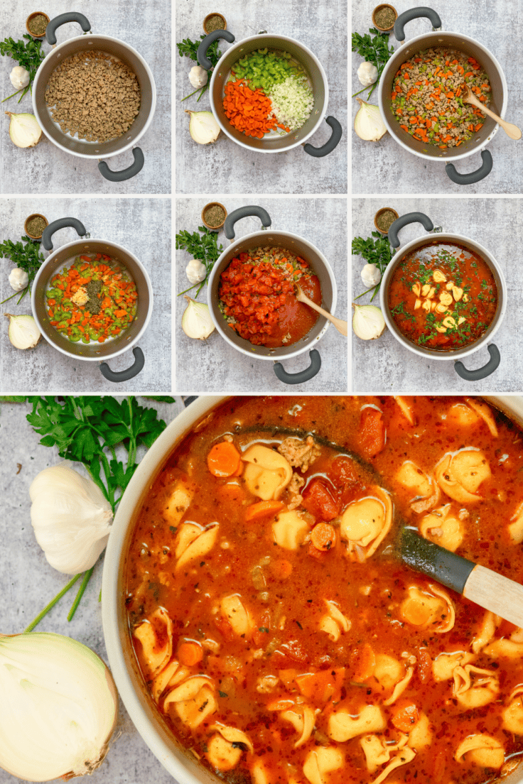 A seven grid picture, where each picture is an overhead view of a stock pot that soup is made in, showing, cooked meat, cooking carrtots, celery and onion, stirring meat back into vegetables, adding in garlic and seasoning, adding in tomatoes and broth, adding in cheese tortellini, and finished pot of soup with a ladel holding up a scoop full of sausage, tortellini and vegetables.