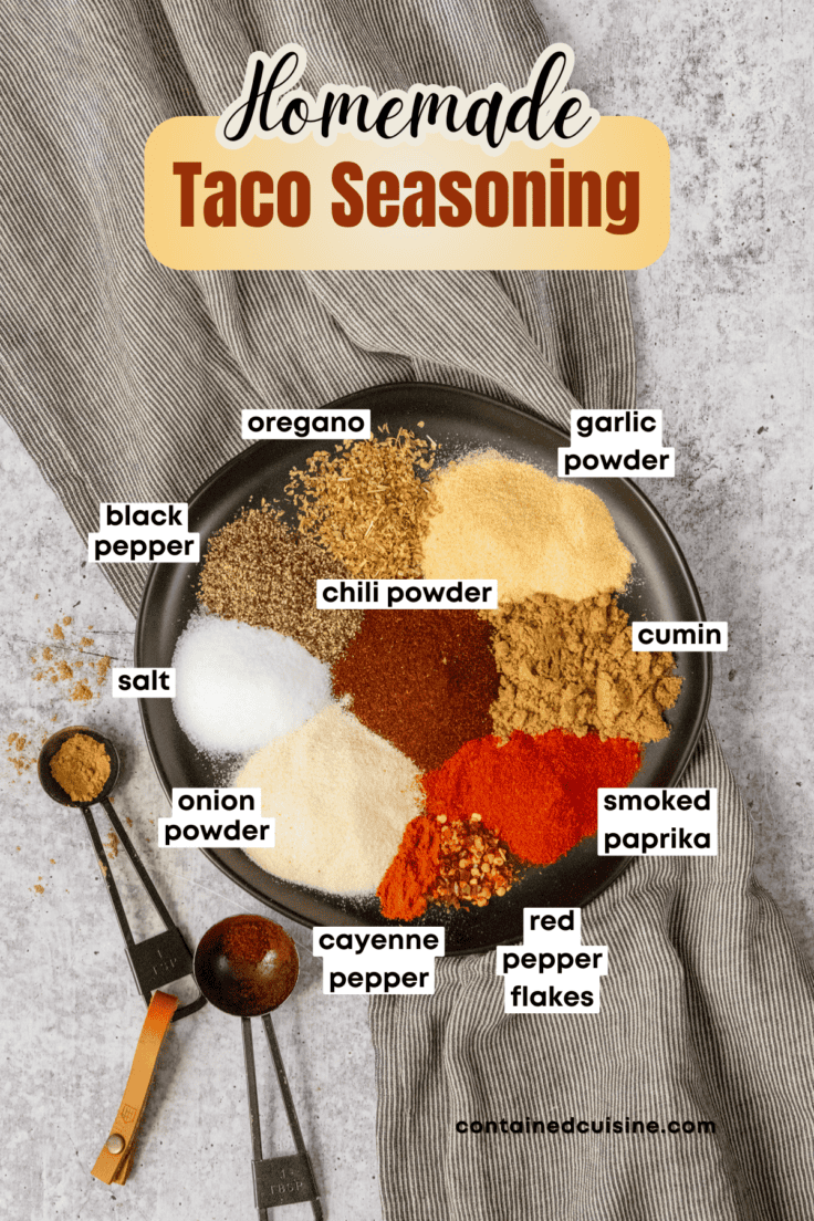 A plate with piles of all the spices needed to mix together to make homemade taco seasoning. Each spice is labeled and the picture has a text overlay that says, homemade taco seasoning.