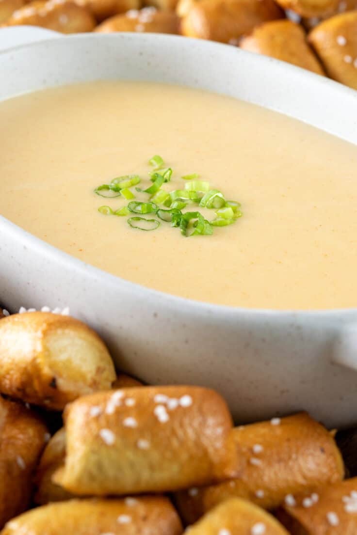 Close up photo of beer cheese dip that's garnished with green onion and surrounded by salty pretzel bites.