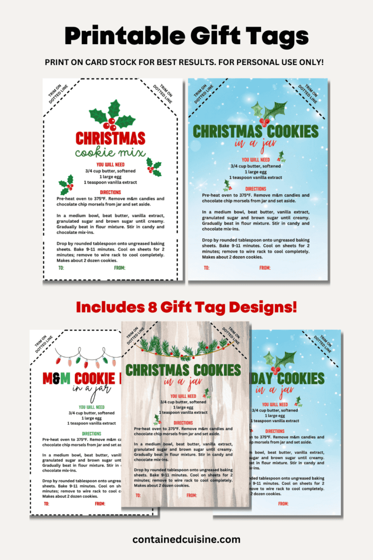 A picture showing multiple Christmas cookie mix gift tags available to download and print.