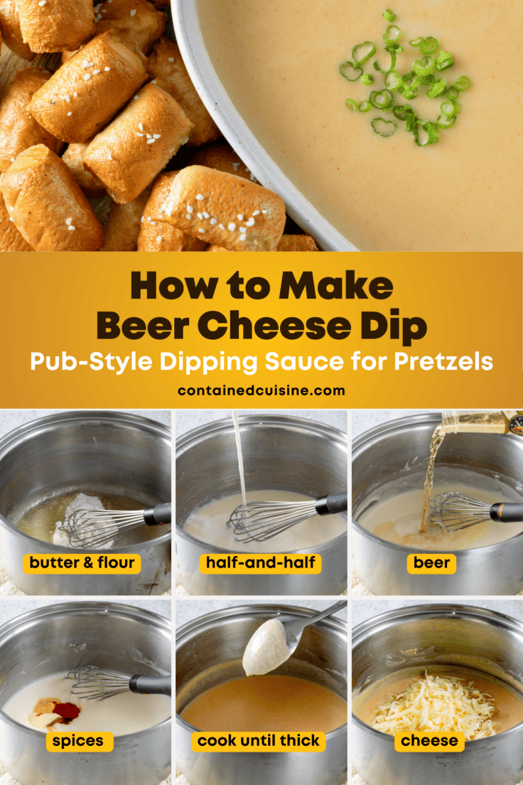 Step-by-step labeled instruction photos for making beer cheese dip, with the text overlay, how to make beer cheese dip, pub-style dipping sauce for pretzels.