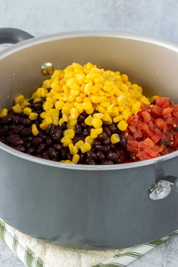 Canned corn, black beans and Rotel tomatoes added to pot to make tortilla soup.