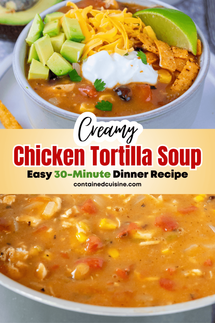 An image of a bowl of creamy chicken tortilla soup garnished with sour cream, cheese, avocado, cilantro and corn tortilla chips, and a pot of the soup showing a close up of all the corn, beans, chicken and tomatoes in a creamy broth.