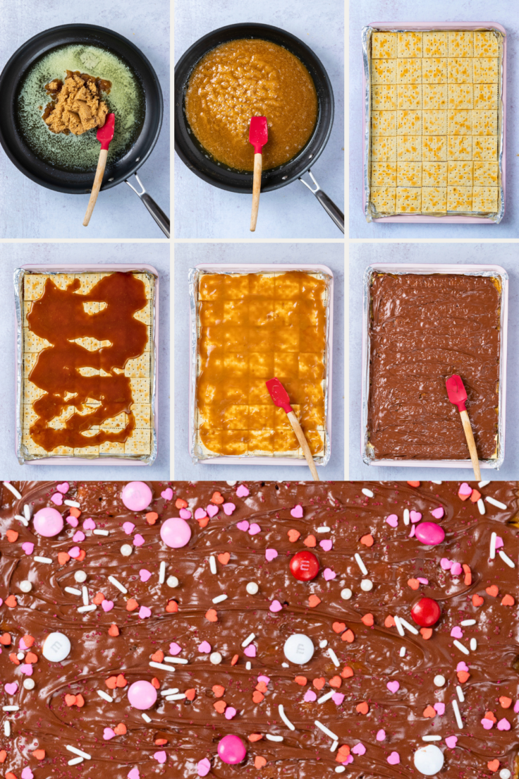 A seven grid picture showing the steps to make saltine cracker candy, including making the toffee in a pan, lining a tray with saltines, covering saltines with toffee, spreading the chocolate over the toffee, and topping it off with Valentine sprinkles and M&Ms.