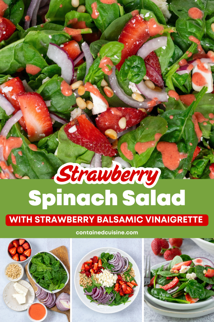 A four-photo image showing close-up of spinach salad with lots of strawberries, all the ingredients needed to make the salad, a large salad bowl which each of the ingredients piled on top of the spinach, and a small salad plate with strawberry spinach salad on it. The image has text overlay that says, strawberry spinach salad with strawberry balsamic vinaigrette.